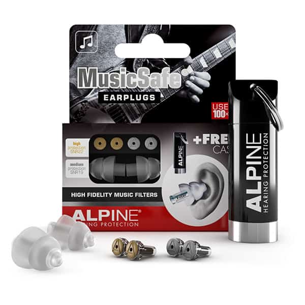 Alpine MusicSafe earplugs set with interchangeable filters, two earplugs, a small storage case, and packaging showing a guitar player.