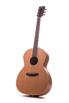 Light brown acoustic guitar with a rounded body, six strings, dark fretboard, and the word 
