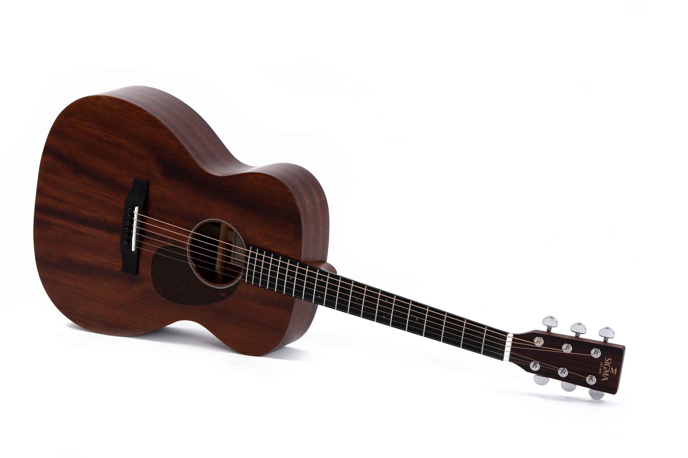 Dark wood acoustic guitar with six strings, black pickguard, and chrome tuning pegs, shown lying on its side with the neck pointing right.