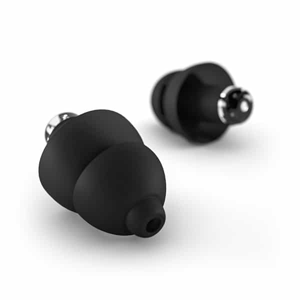 Two black silicone earplugs with a metallic tip, shaped for insertion into the ear canal to reduce noise.