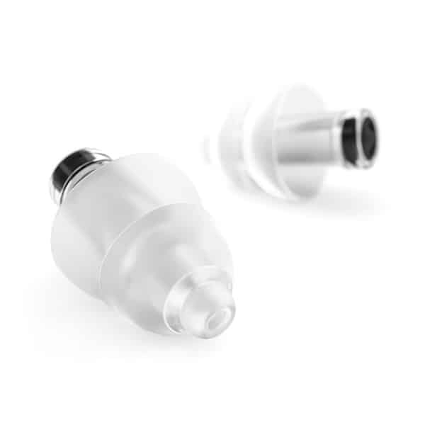 Two small, clear silicone earplugs with a layered, conical shape and metallic filter tips, designed to reduce noise while allowing sound clarity.