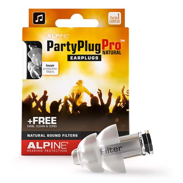 Alpine PartyPlug Pro Natural earplugs with natural sound filters, shown with packaging featuring a concert crowd and included earplug case offer.