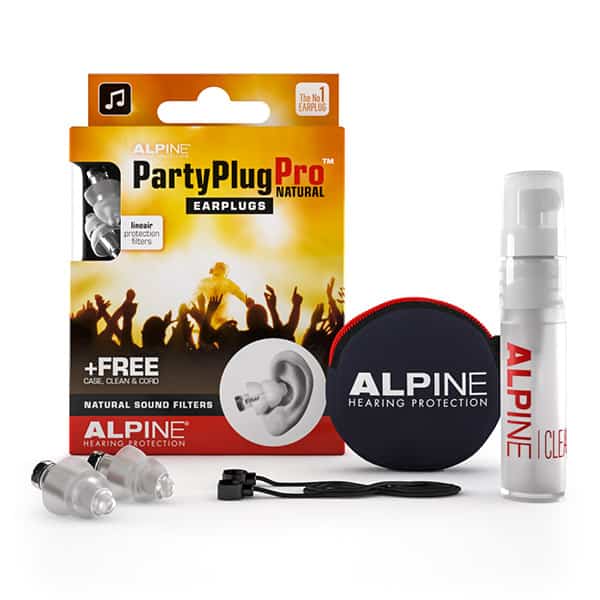 Alpine PartyPlug Pro earplugs set with clear earplugs, a black round zip case, a cleaning spray, and a black cord, packaged for hearing protection.