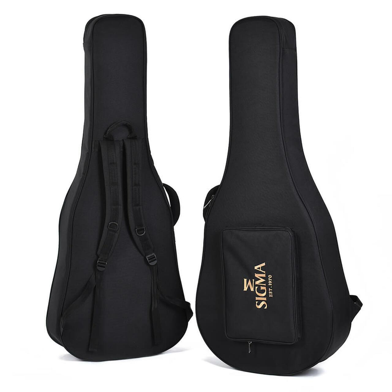 Two black soft guitar cases with shoulder straps and a front pocket labeled "Sigma Est 1970" in gold text.