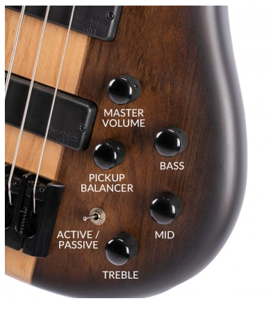 Six black control knobs and a small toggle switch are arranged on a brown electric bass, each labeled for functions like volume, EQ, and pickup selection.