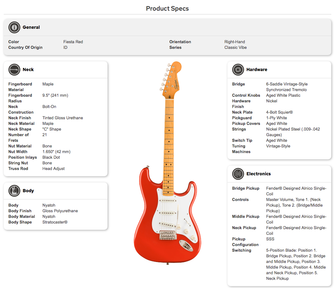 Fiesta Red right-handed electric guitar with a white pickguard, maple neck, black dot inlays, and three single-coil pickups.