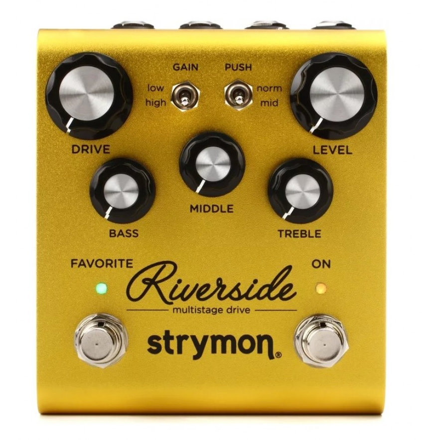 Gold Strymon Riverside effects pedal with six knobs, two toggle switches, two footswitches, and labeled lights for Favorite and On functions.
