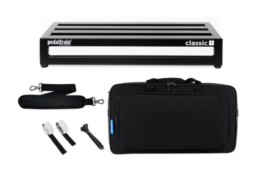Pedaltrain Classic 1 pedalboard with a padded black gig bag, shoulder strap, cable ties, and hook-and-loop fasteners for guitar effects pedals.