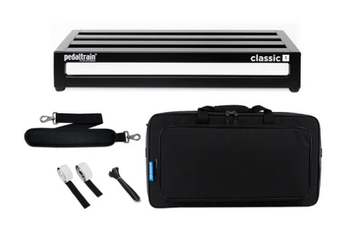 Pedaltrain Classic 1 pedalboard with a padded black gig bag, shoulder strap, cable ties, and hook-and-loop fasteners for guitar effects pedals.