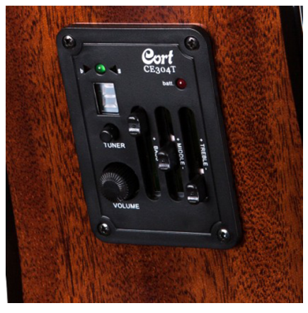 Side control panel on an acoustic guitar with volume knob, tuner switch, bass, middle, and treble sliders, and a battery indicator light.