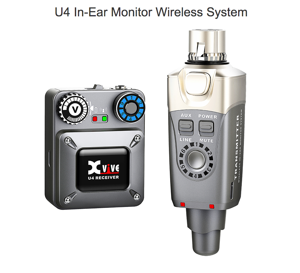Two compact units: a boxy U4 receiver with buttons and dials, and a cylindrical U4 transmitter with a plug, buttons, and a circular channel selector.