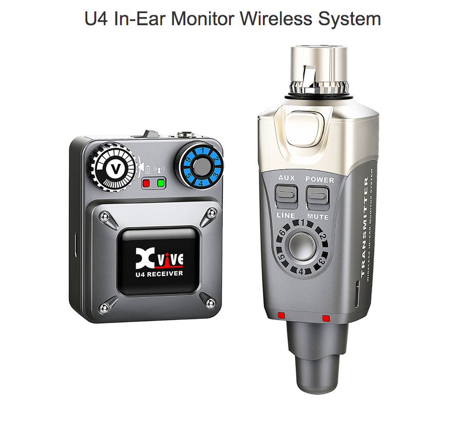 Two compact units: a boxy U4 receiver with buttons and dials, and a cylindrical U4 transmitter with a plug, buttons, and a circular channel selector.