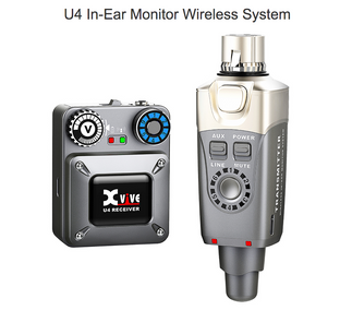 Two compact units: a boxy U4 receiver with buttons and dials, and a cylindrical U4 transmitter with a plug, buttons, and a circular channel selector.