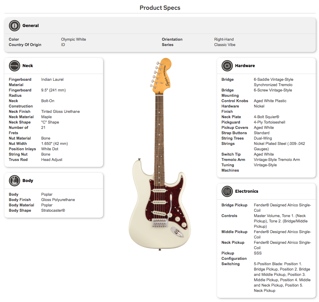 Olympic White right-handed Stratocaster electric guitar with a dark tortoiseshell pickguard, three single-coil pickups, and 21-fret maple neck.