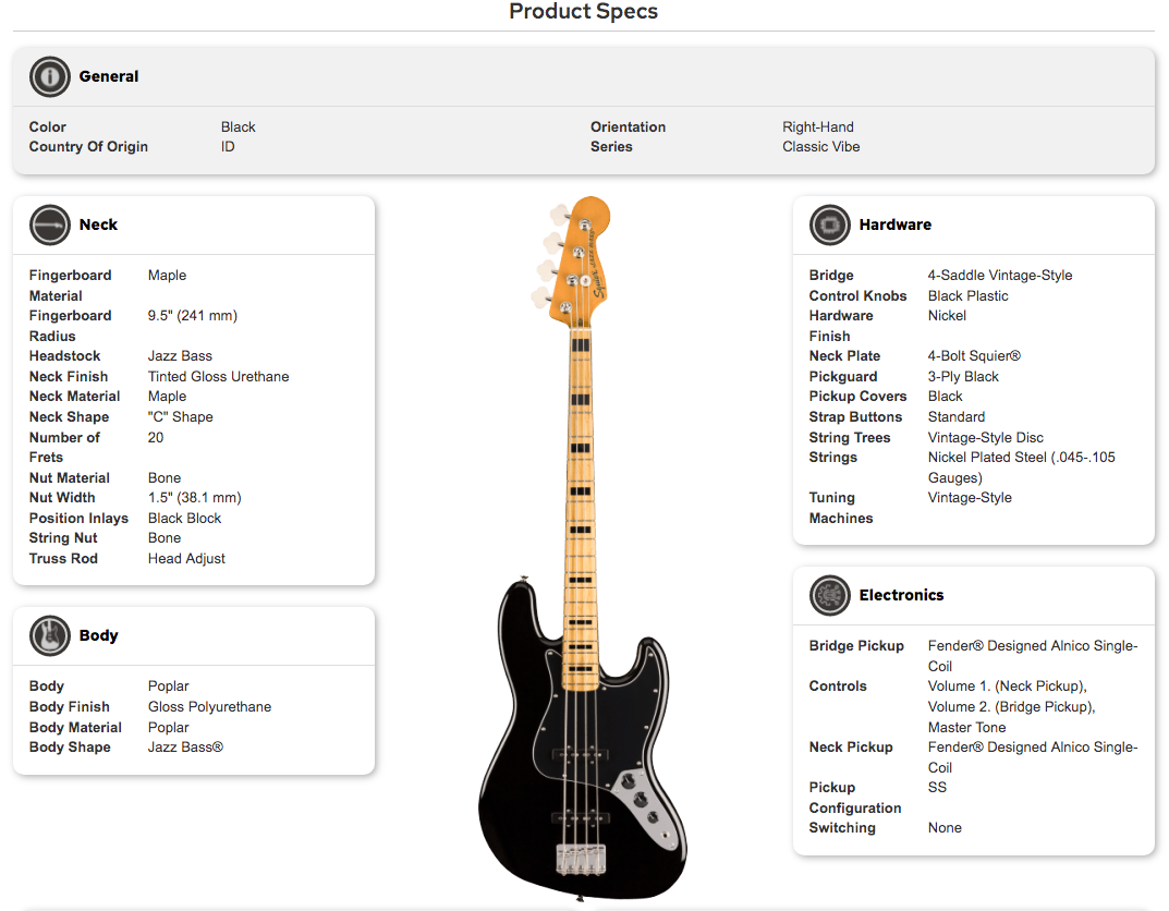 Black right-handed Squier Jazz Bass guitar with a maple neck, black block inlays, 20 frets, 3-ply black pickguard, and nickel hardware.