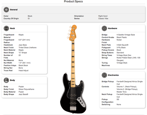 Squier Classic Vibe '70s Jazz Bass Guitar Maple Neck in Black