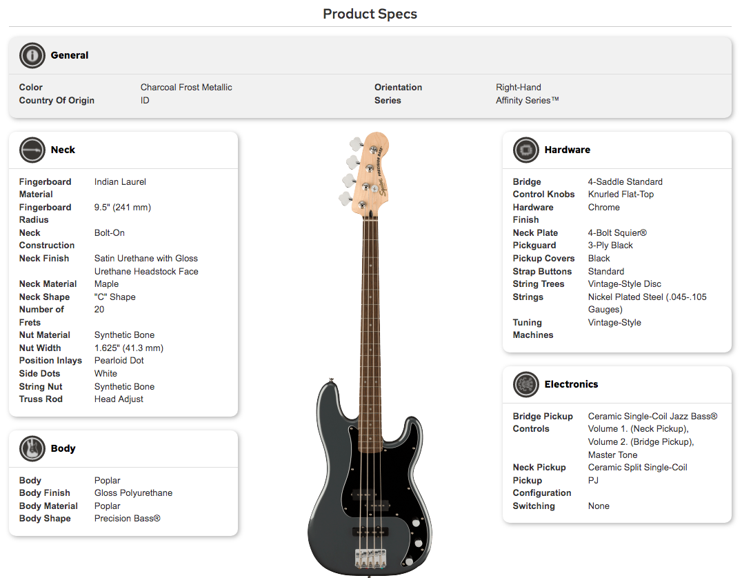 Charcoal Frost Metallic right-handed Squier Affinity Series Precision Bass with a black pickguard, 4 control knobs, and 20-fret fingerboard.