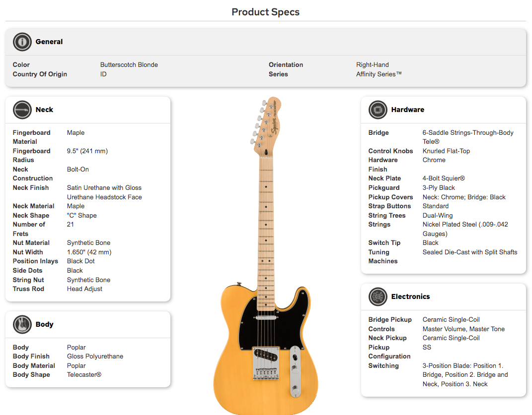 Butterscotch blonde right-handed electric guitar with black pickguard, chrome hardware, maple neck, 21 frets, and two single-coil pickups.