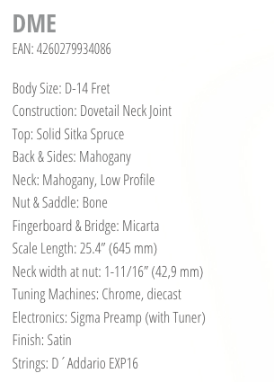 Acoustic guitar with solid Sitka spruce top, mahogany back, sides, and neck, micarta fingerboard, chrome tuners, Sigma preamp, satin finish, D’Addario EXP16 strings.