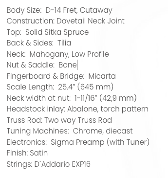 Acoustic guitar with solid Sitka spruce top, tilia back and sides, mahogany neck, micarta fingerboard, built-in preamp with tuner, satin finish, D’Addario EXP16 strings.