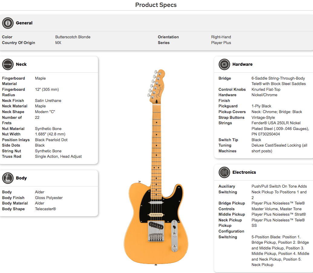 Right-handed electric guitar, butterscotch blonde finish, maple neck and fingerboard, black pickguard, chrome hardware, two pickups, classic Telecaster shape.