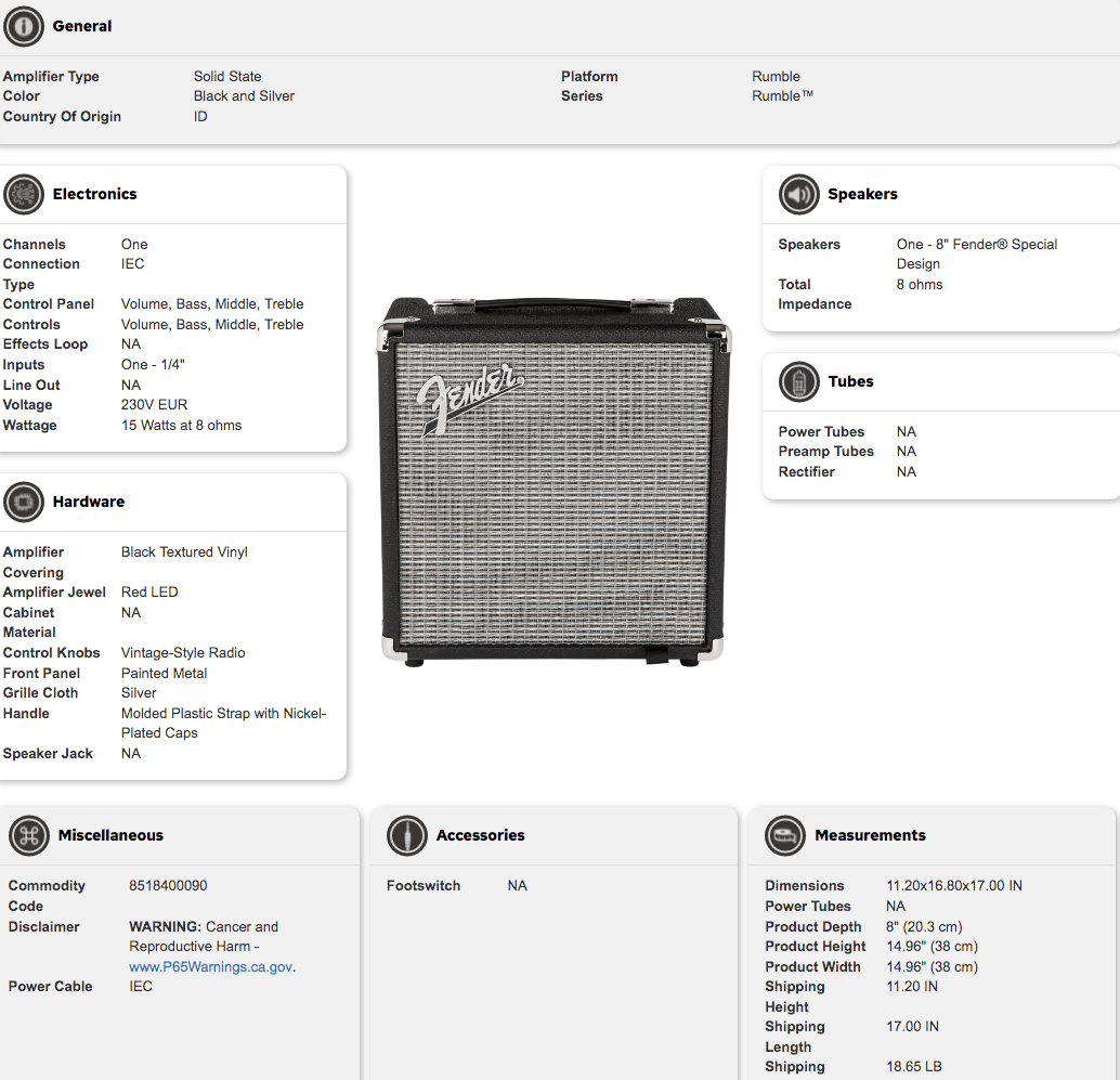 Fender Rumble amplifier, black and silver, single 8-inch speaker, control knobs on top, metal grille with Fender logo, portable rectangular shape.