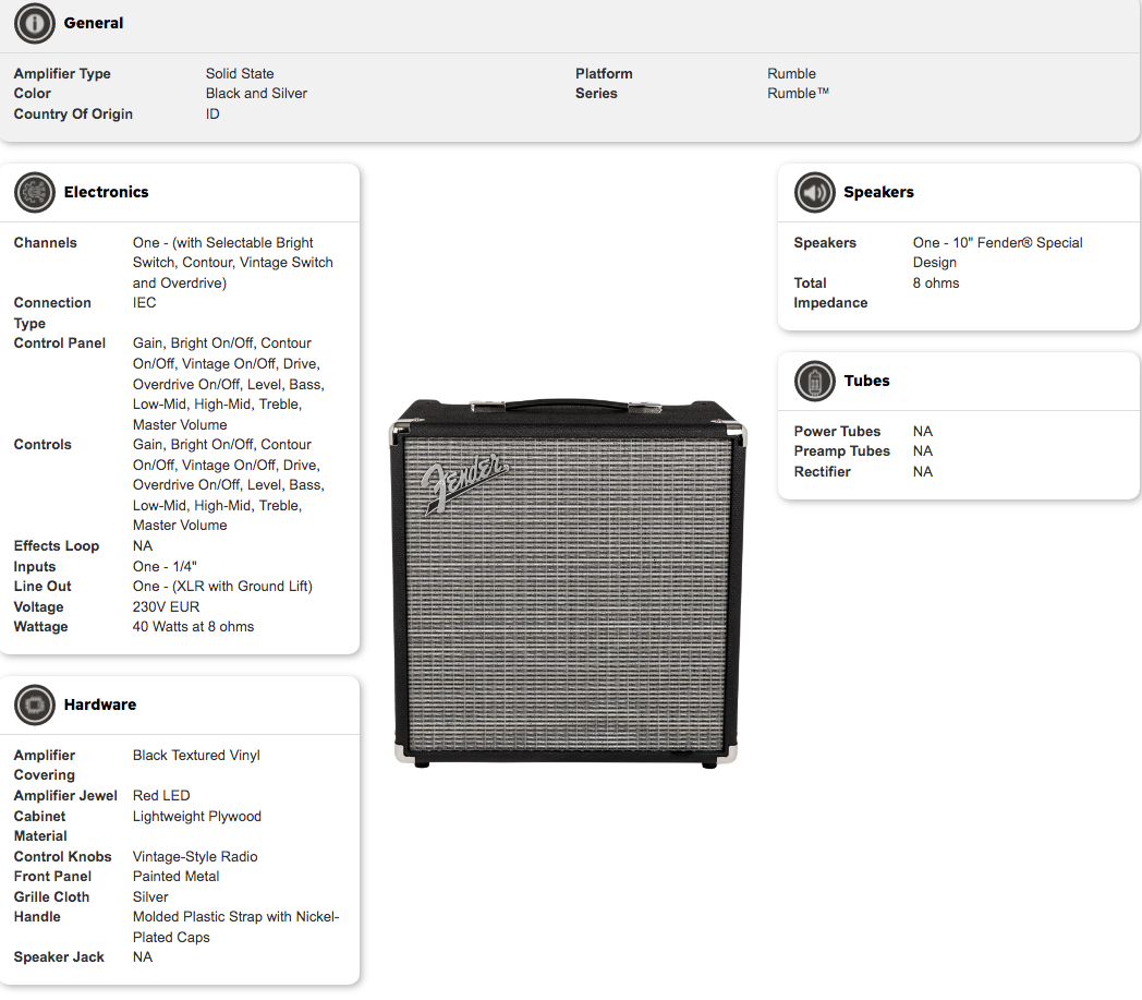 Fender Rumble solid state amplifier, black and silver, with 10-inch speaker, multiple tone controls, 40 watts output, and lightweight cabinet.