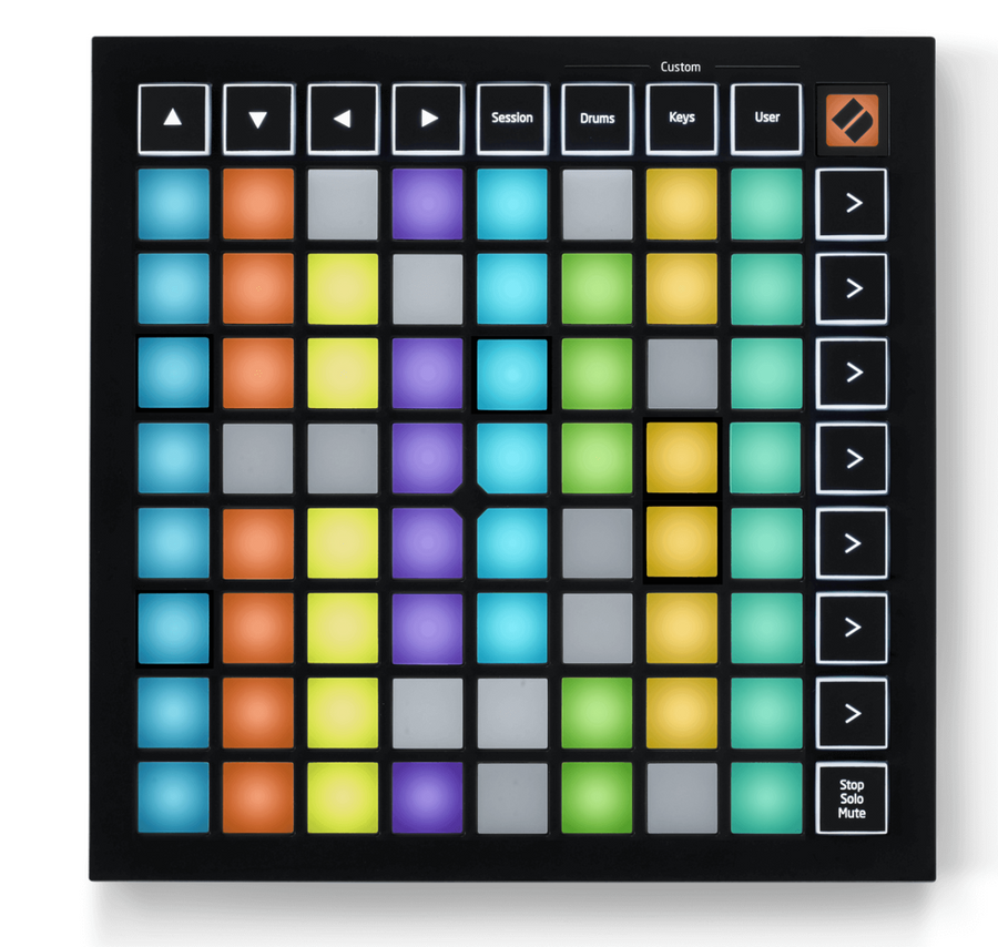 Pro audio controller with an 8x8 grid of multicolored square pads, surrounded by black buttons labeled for navigation and music mode selection.