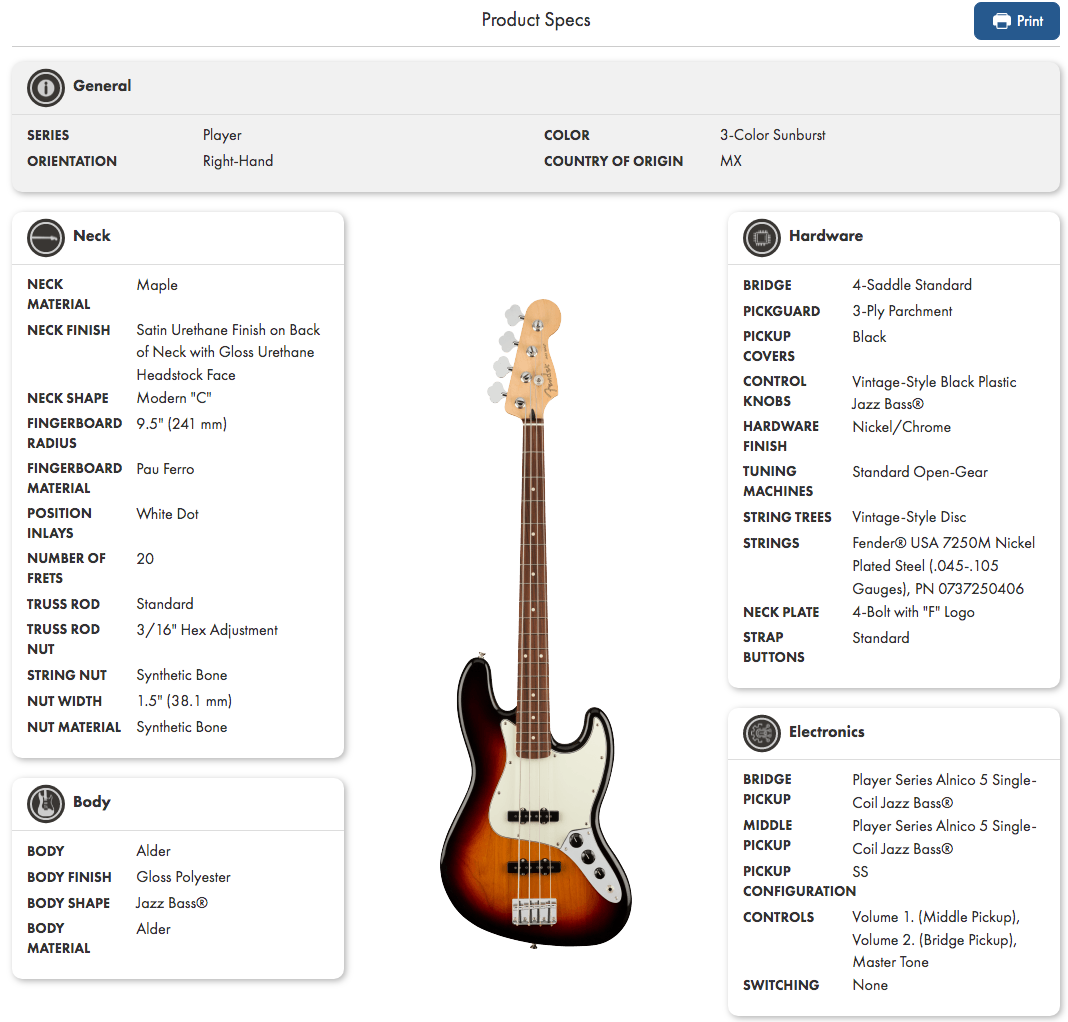 Fender Player Series right-handed electric bass guitar, 3-color sunburst finish, white pickguard, four tuning pegs, 20 frets, Jazz Bass body shape.