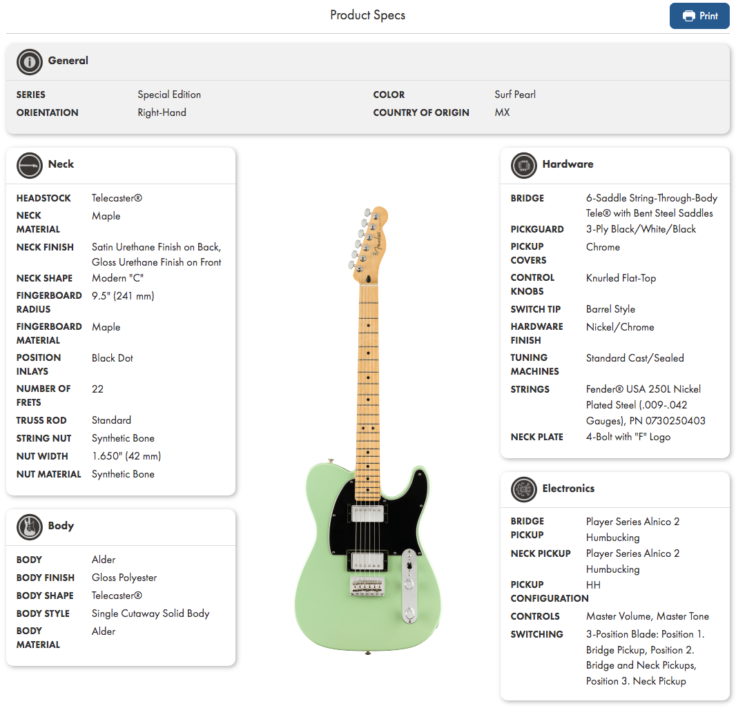 Surf Pearl-colored Telecaster-style electric guitar with a black pickguard, maple neck, chrome hardware, and two humbucker pickups.