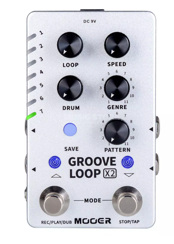 Looper pedal with four black knobs labeled loop, speed, drum, genre, one save button, two footswitches, and labeled Groove Loop X2 by Mooer.