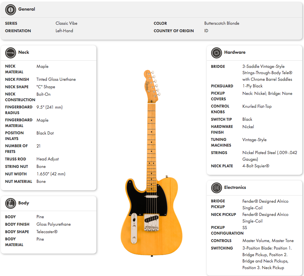 Left-handed electric guitar in butterscotch blonde with a black pickguard, maple neck, 21 frets, and chrome hardware; classic Telecaster shape.