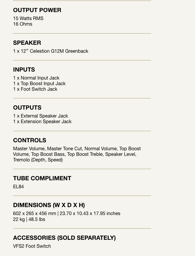 Guitar amplifier, 15W RMS, 16 Ohms, 12" Celestion G12M speaker, EL84 tube, multiple input/output jacks, tremolo, various controls, 23.7"x10.4"x18", 48.5 lbs.