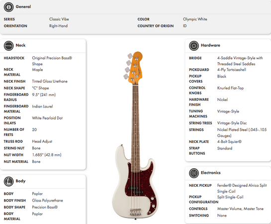 Squier Classic Vibe '60s Precision Bass Guitar Laurel Fretboard in Olympic White