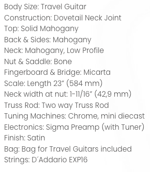 Travel-size electric guitar with solid mahogany body, satin finish, chrome tuners, built-in Sigma preamp and tuner, and a bag included.