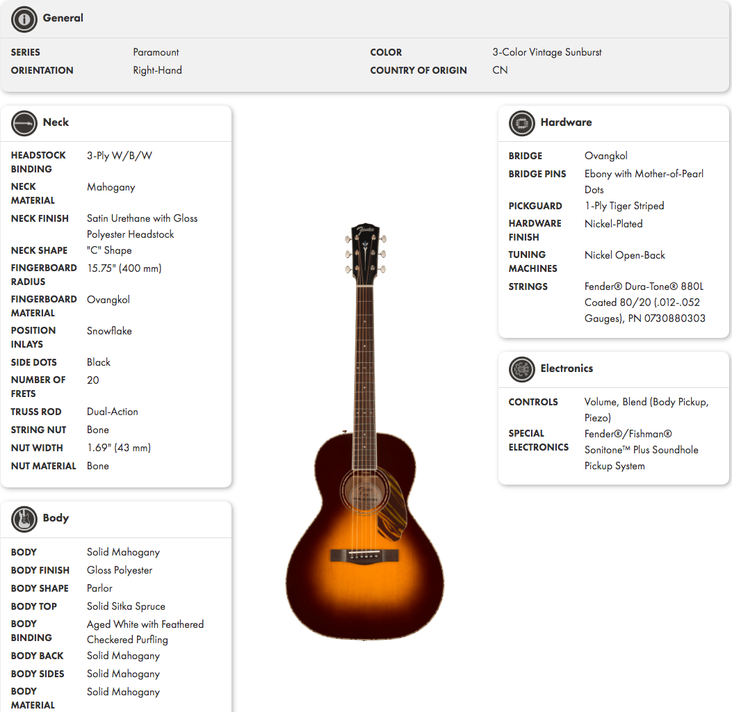 Right-handed acoustic guitar with a sunburst finish, parlor body shape, mahogany neck and body, snowflake inlays, and striped pickguard.