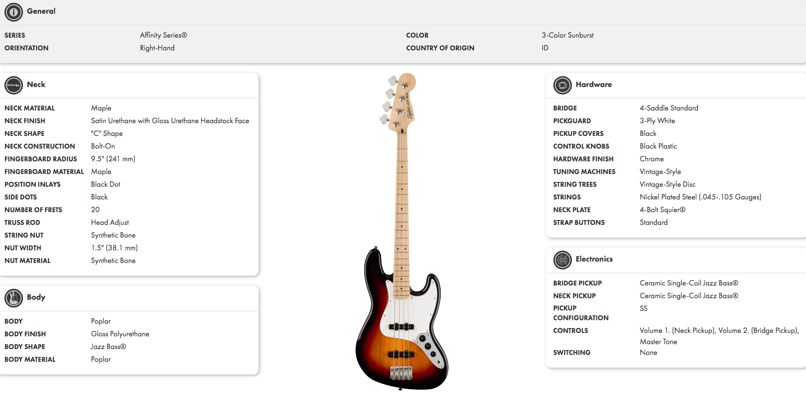 Right-handed 3-color sunburst electric bass with a maple neck, white pickguard, black pickups and knobs, and 4 chrome tuning pegs.