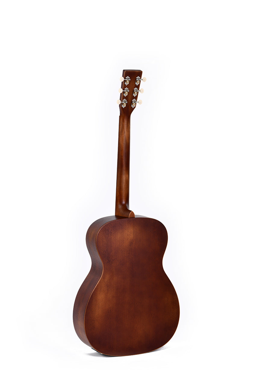 Brown acoustic guitar shown from the back, highlighting its smooth wood grain, curved body, and tuning pegs on the headstock.