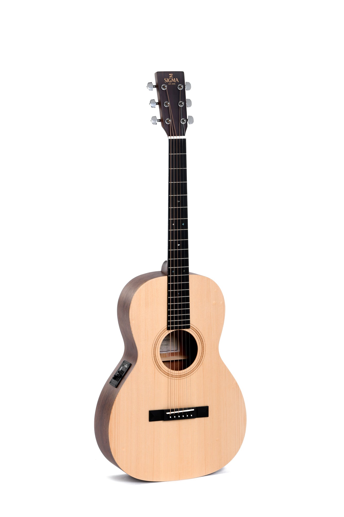 Light wood acoustic guitar with a dark neck, six strings, and a round sound hole; electronic controls mounted on the side.