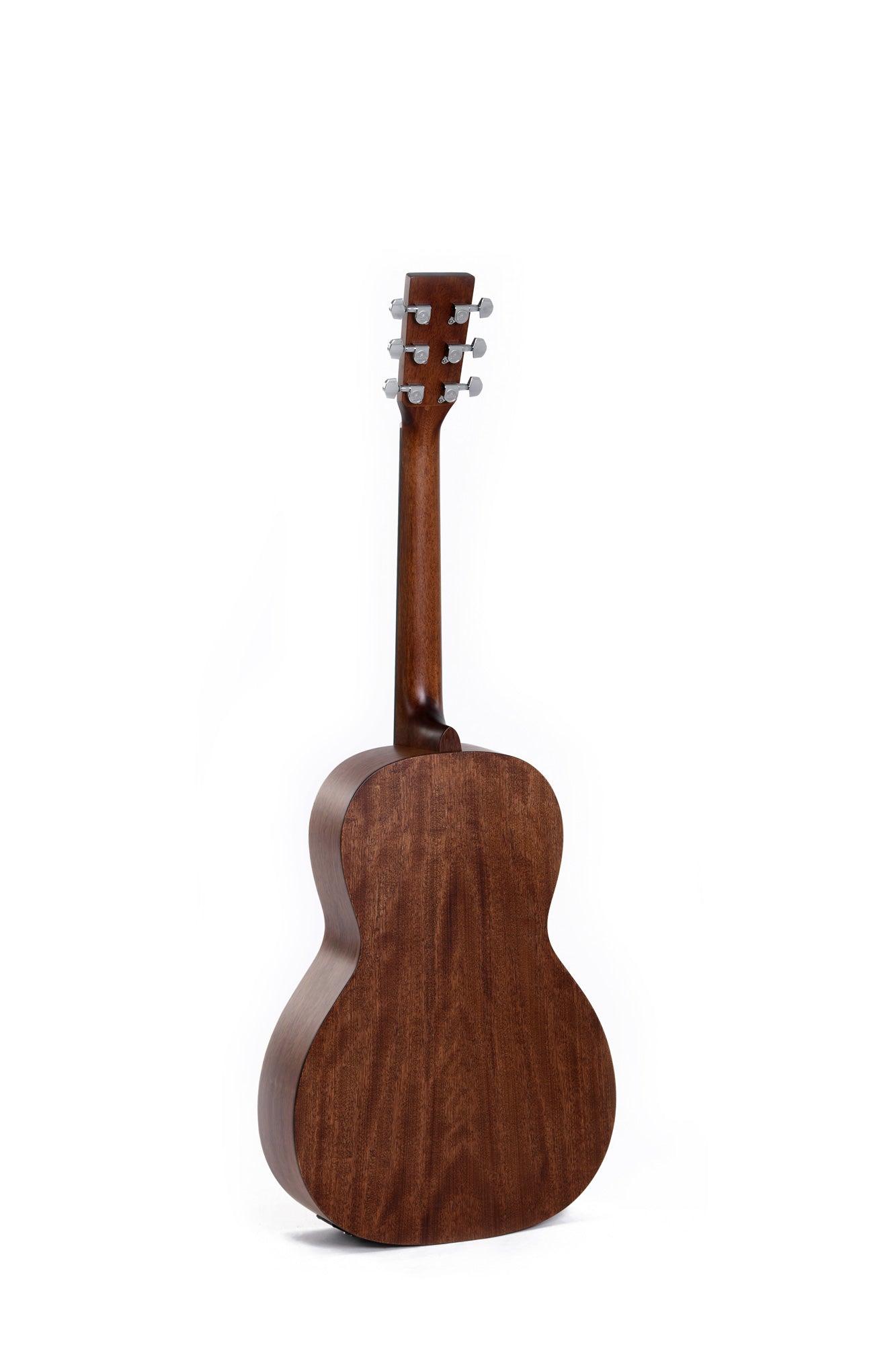 Acoustic guitar shown from the back, displaying smooth, rich brown wood grain and six metal tuning pegs on the headstock.