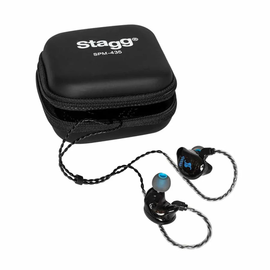 Black in-ear monitoring system with braided cable, blue ear tips, and a compact zippered carrying case labeled "stagg SPM-435."
