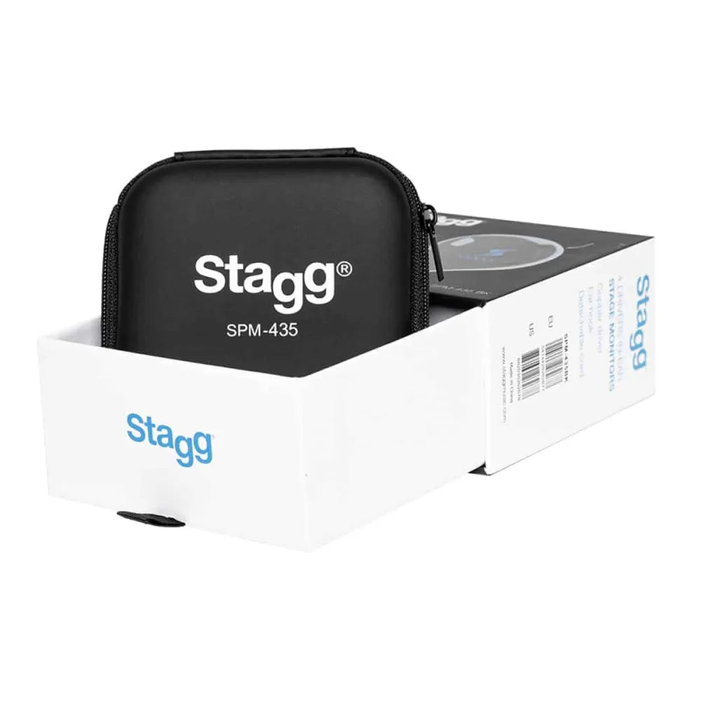 A black Stagg SPM-435 carrying case for an in-ear monitoring system sits partially inside a white retail box with blue Stagg branding.