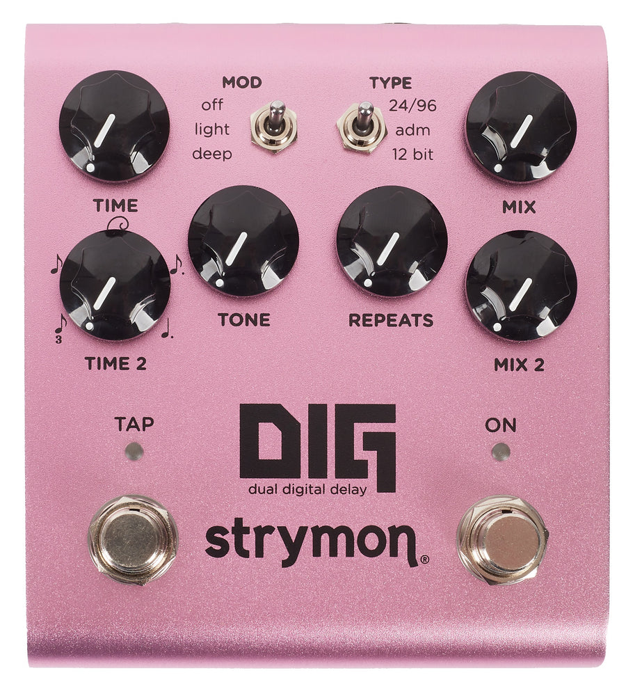 Pink Strymon DIG FX pedal with six black knobs, two toggle switches, two footswitches, and labeled delay, tone, repeat, mix, and modulation controls.