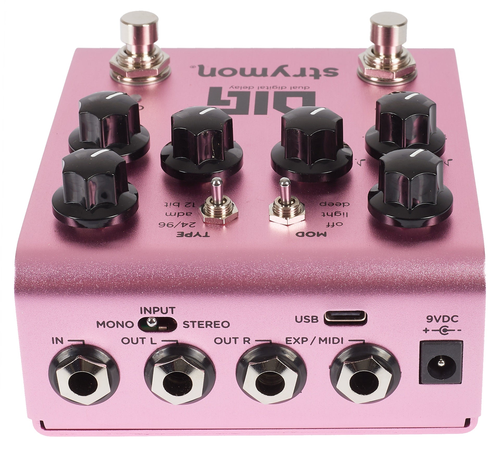 Pink FX pedal with six black control knobs, three toggle switches, two footswitches, four quarter-inch jacks, USB-C port, and a 9VDC power input.