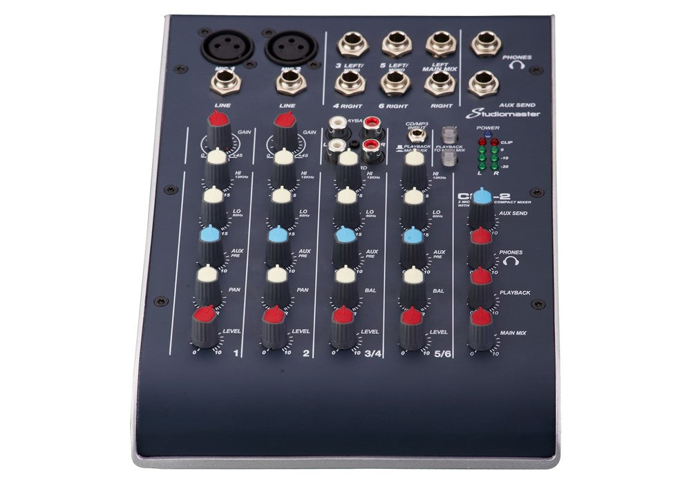 Audio mixing desk with multiple input jacks, colored control knobs, sliders for volume, pan, equalizer, and LED level indicators on the right.