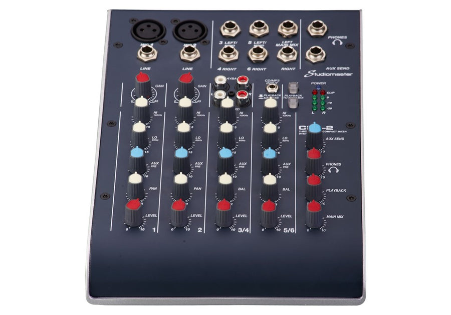 Audio mixing desk with multiple input jacks, colored control knobs, sliders for volume, pan, equalizer, and LED level indicators on the right.