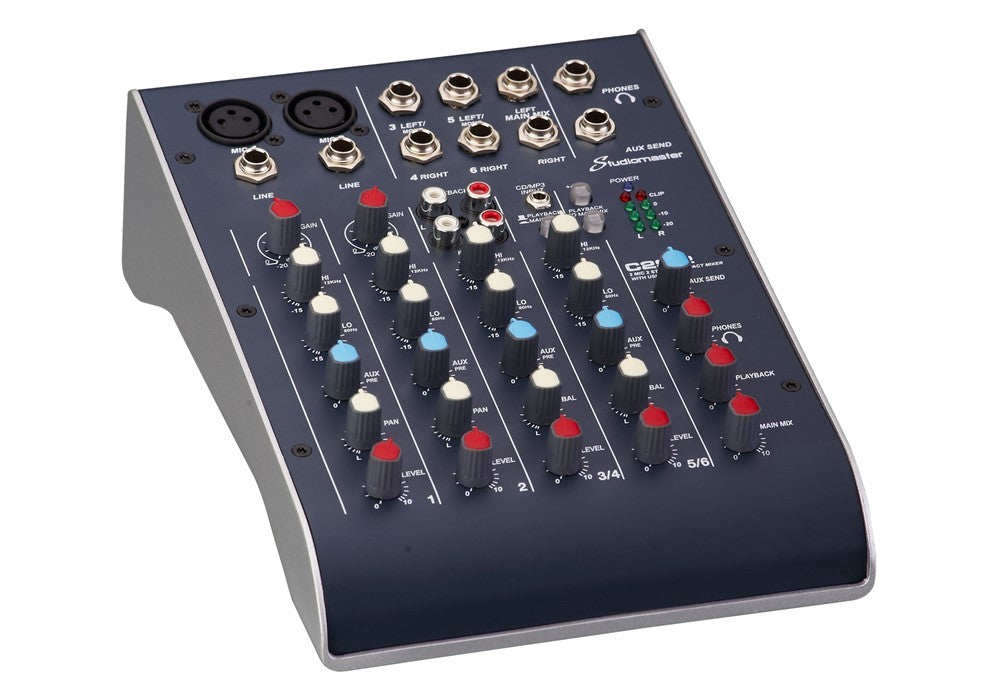 Compact audio mixing desk with various colored knobs, faders, dials, and multiple input/output ports on the slanted top surface.