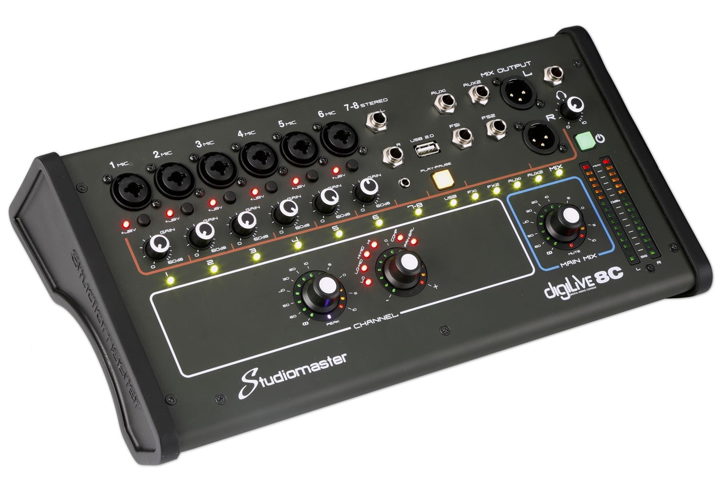 Studiomaster digiLiVE 8C audio mixer with eight input channels, various knobs, sliders, LED indicators, and multiple output ports.