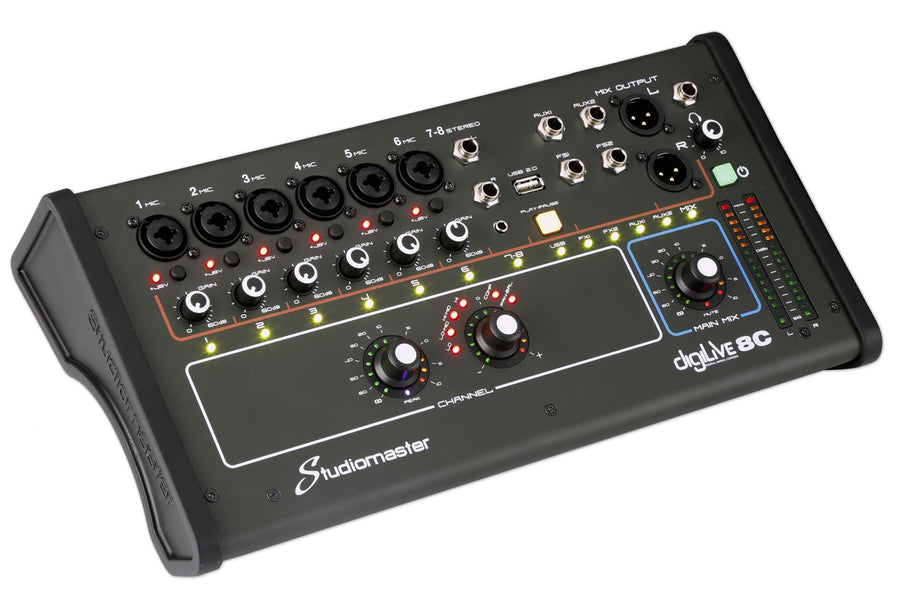 Studiomaster digiLiVE 8C audio mixer with eight input channels, various knobs, sliders, LED indicators, and multiple output ports.