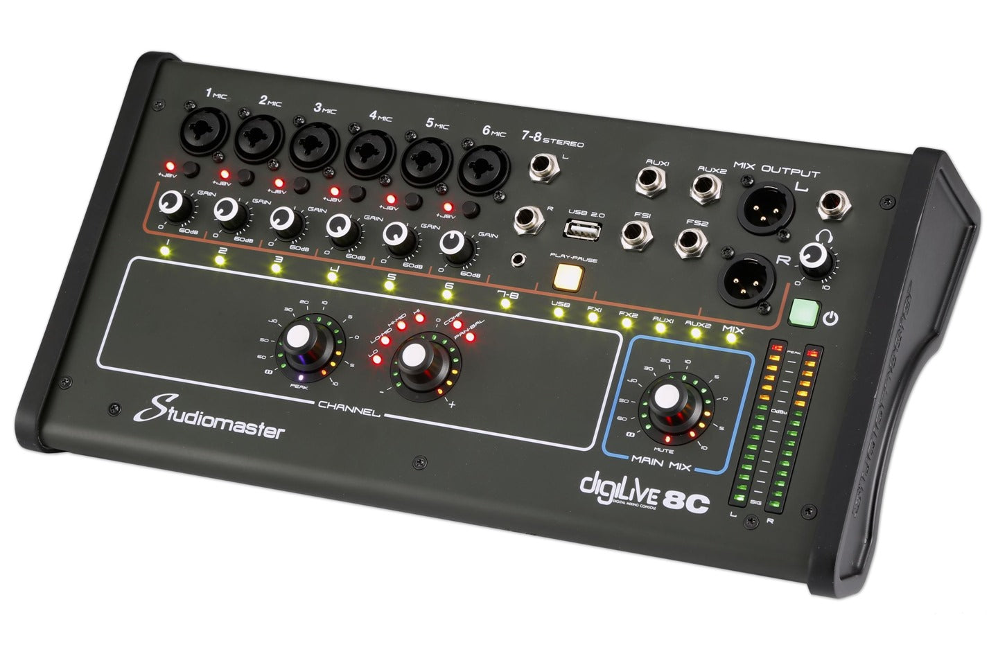 Studiomaster digiLiVE 8C audio mixer with multiple input jacks, dials, gain knobs, LED indicators, USB port, and XLR mix output connections.